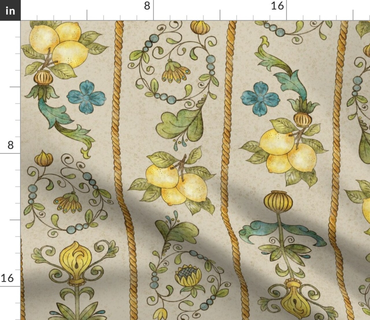 Yellow Teal Floral Gold Large Scale Hand Drawn Lemons Italian Florentine Botanical Fruit Directional Custom Printed Fabric by Spoonflower Various Fabrics by the Yard or Fat Quarter